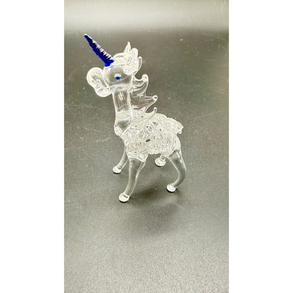 Hand Blown Spun Glass Unicorn Figurine Cobalt Blue Horn Crystal Art Decor